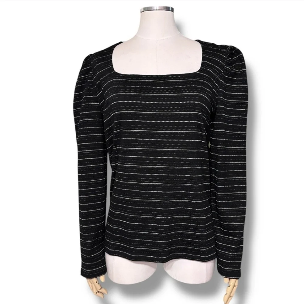 LOFT Black Sparkle Puff Sleeve Square Neck Top NWT